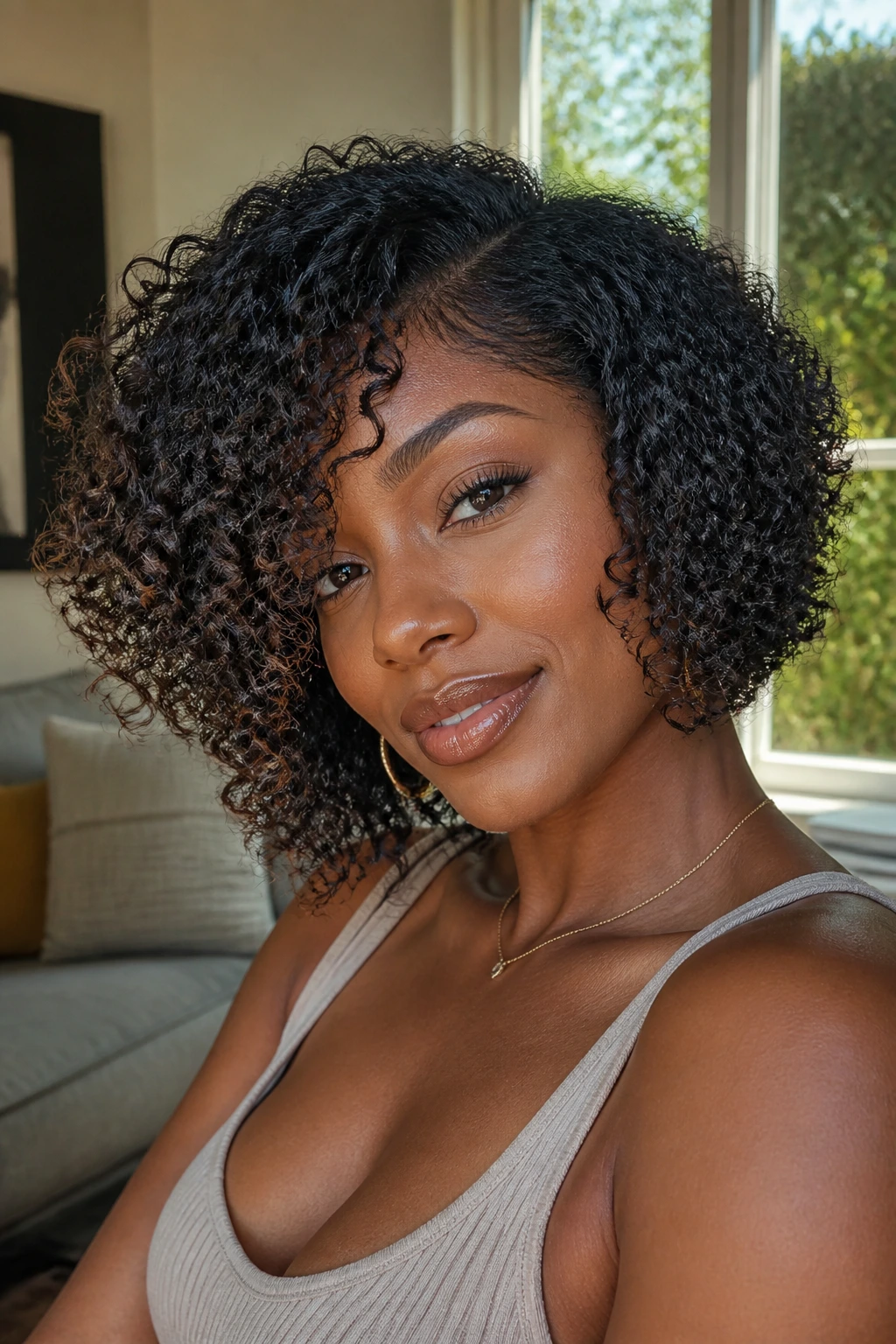 Close-up of a woman with an A-line curly bob and longer front sweep by window light