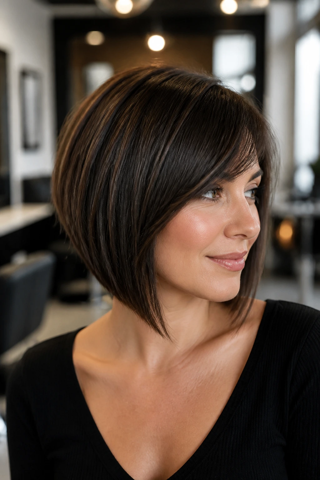 Close-up of a real woman with an A-line lob showing shorter back and longer front