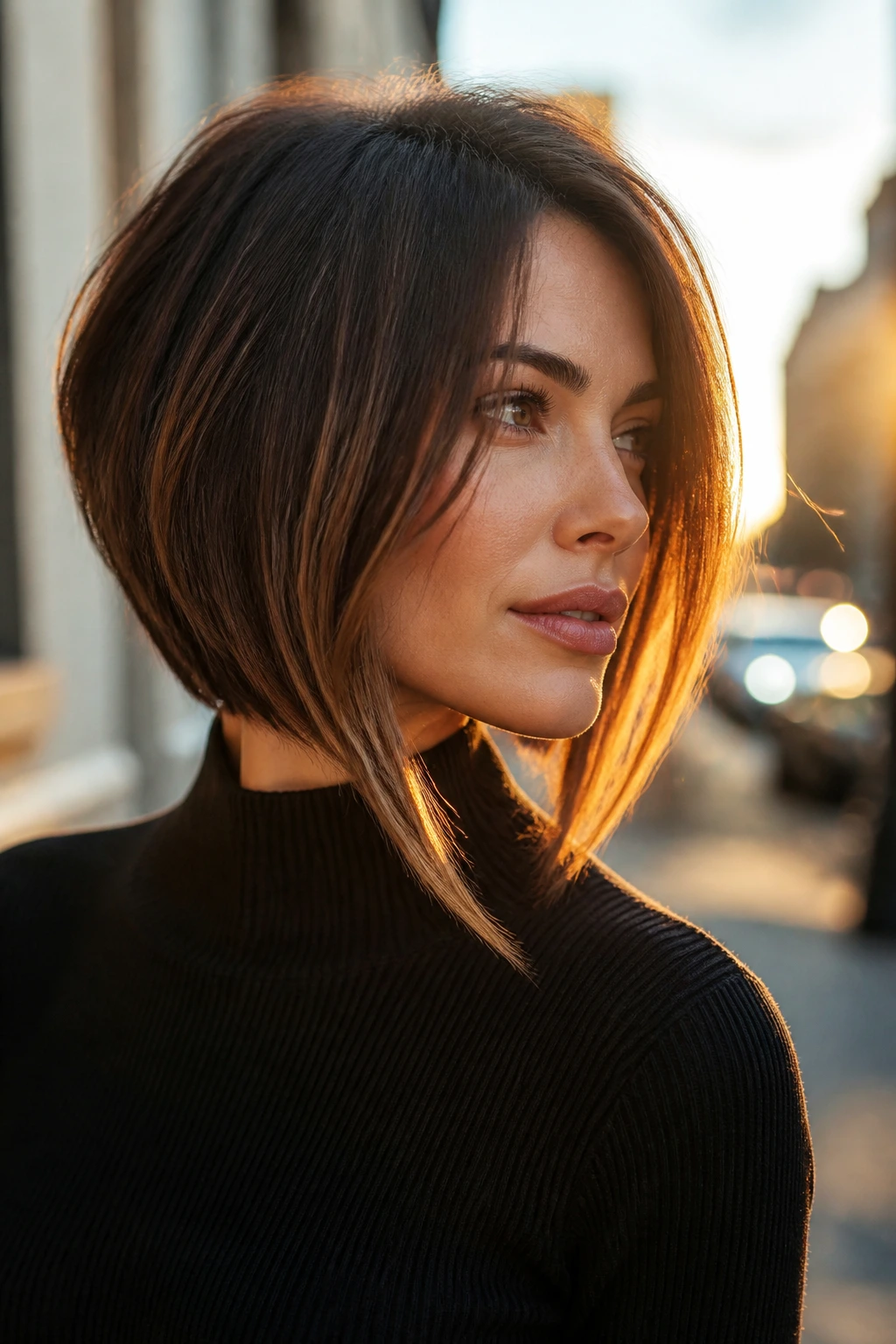 Close-up of a real woman with an A-line lob and long front pieces
