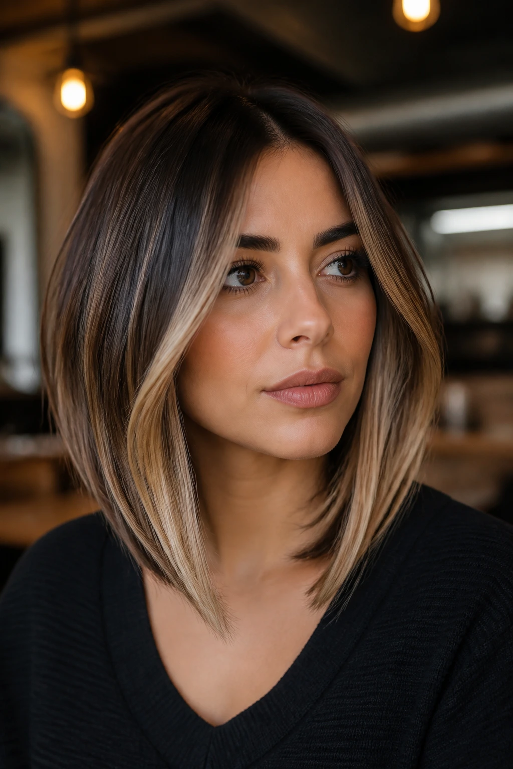 Close-up of real woman with A-line lob and longer front pieces
