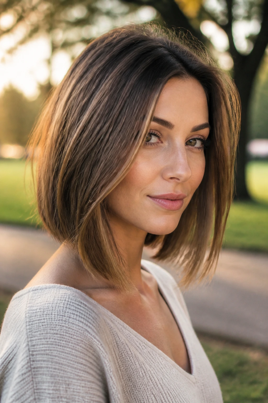 Close-up of a woman with an A-line lob and longer front pieces outdoors at golden hour