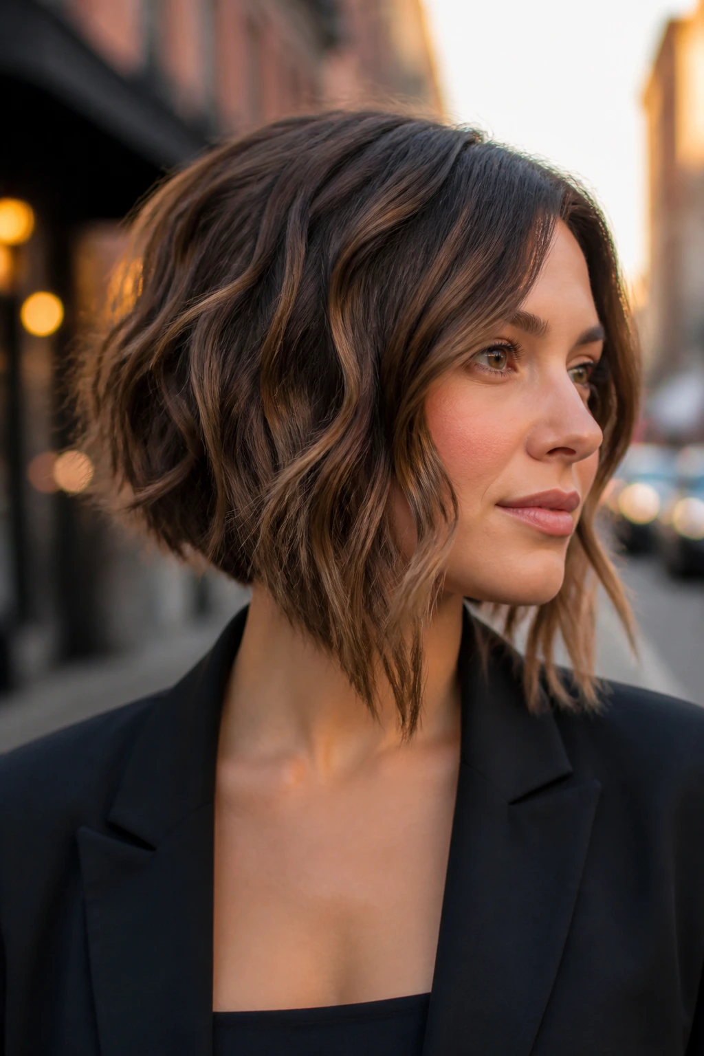 Real woman with an A-line lob and tapered nape in city evening light.