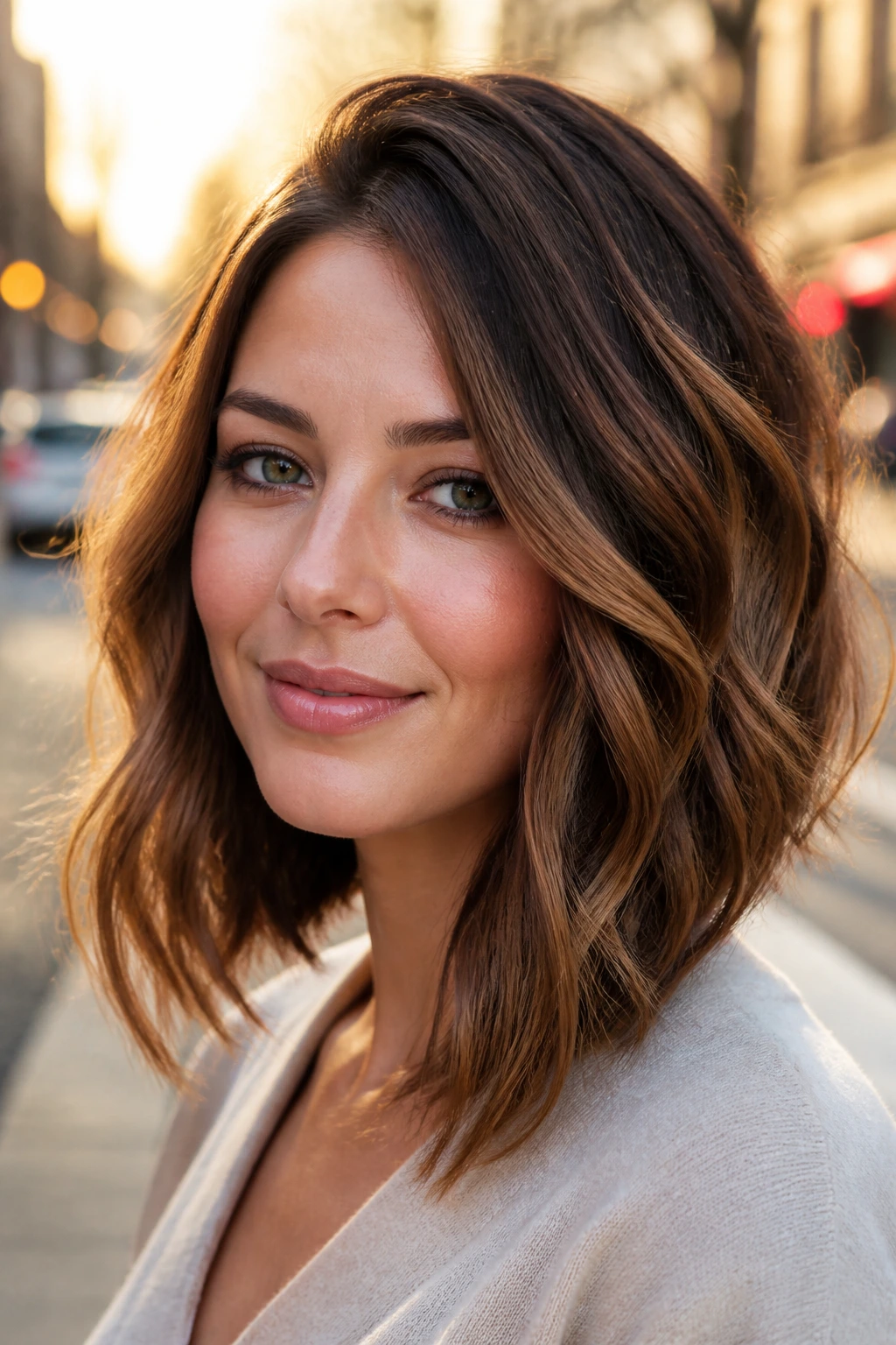 Close-up portrait of a real woman with A-line lob waves and diagonal face-lengthening line