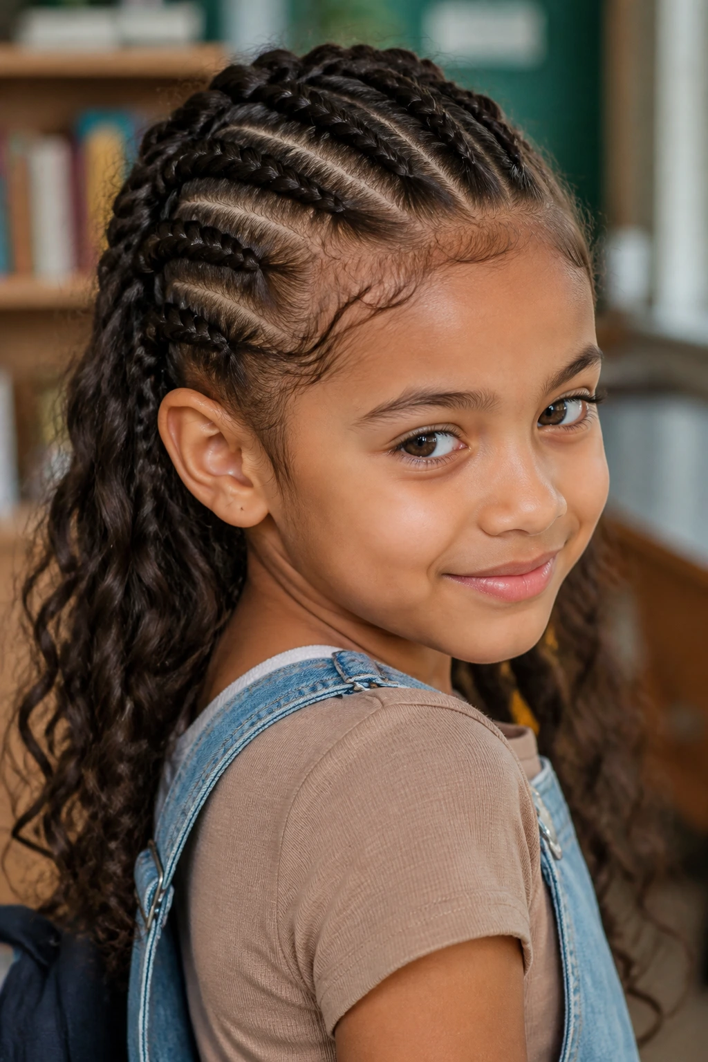 Real child with daytime braids neatly worn for school.