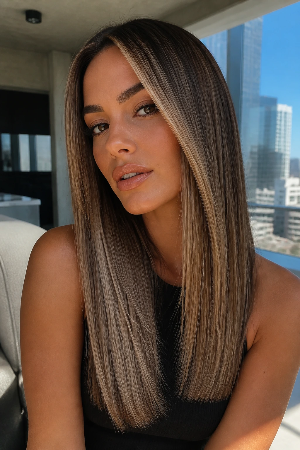 Close-up portrait of a real woman with almond balayage straight cut on tan skin