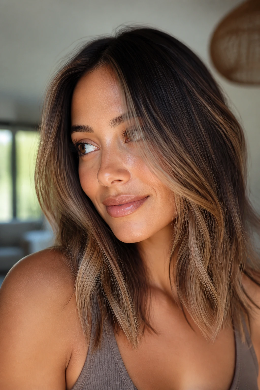 Brunette with almond beige highlights framing the face