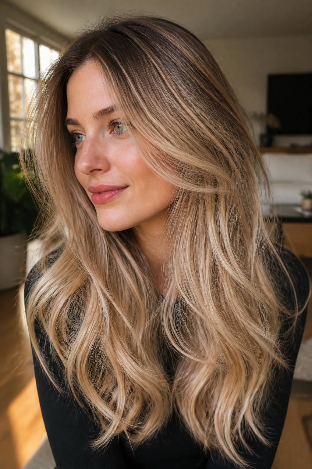 Portrait of a real woman showing almond beige color melt with gradient from root to ends