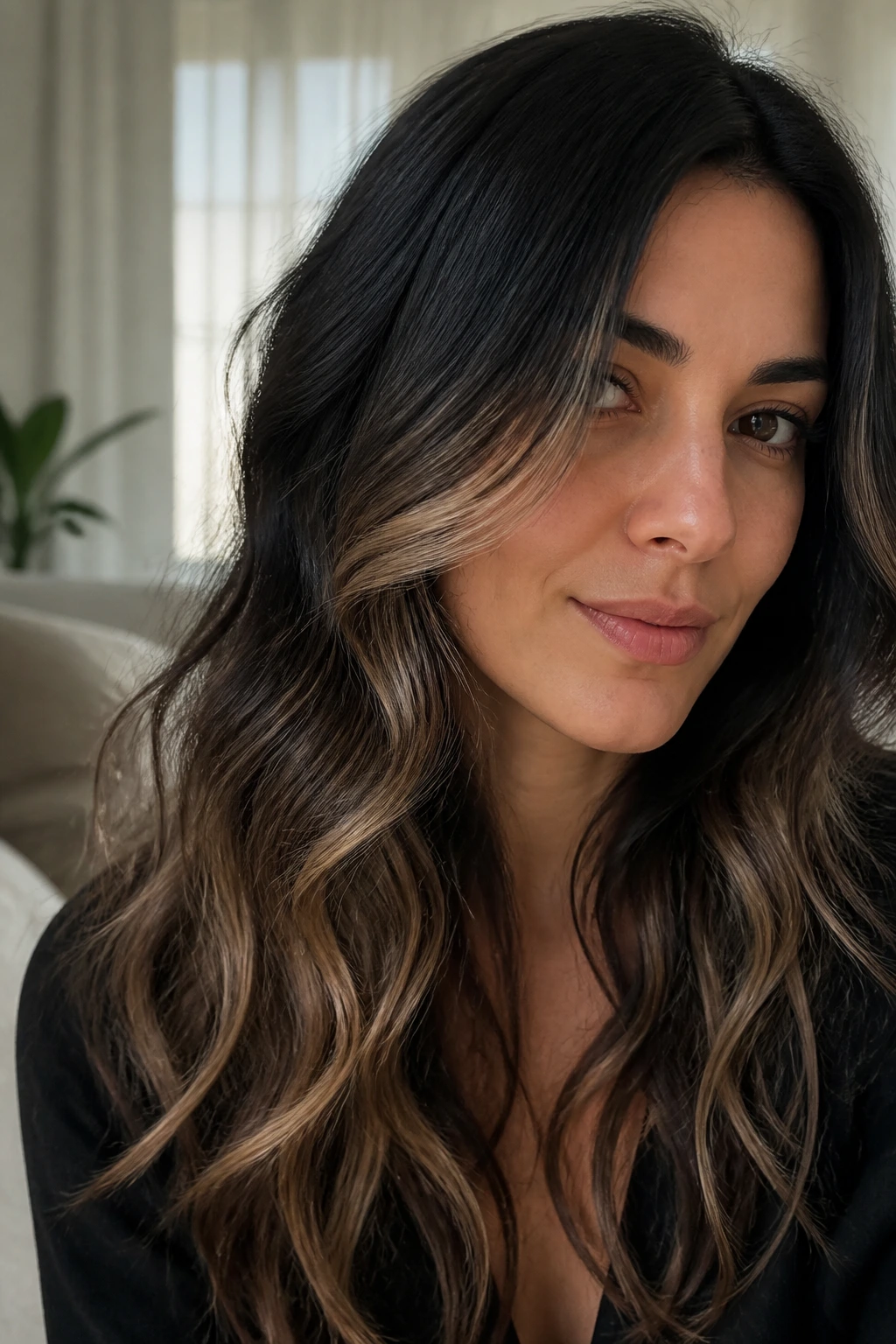 Close-up portrait of woman with almond beige sweep through dark wavy hair