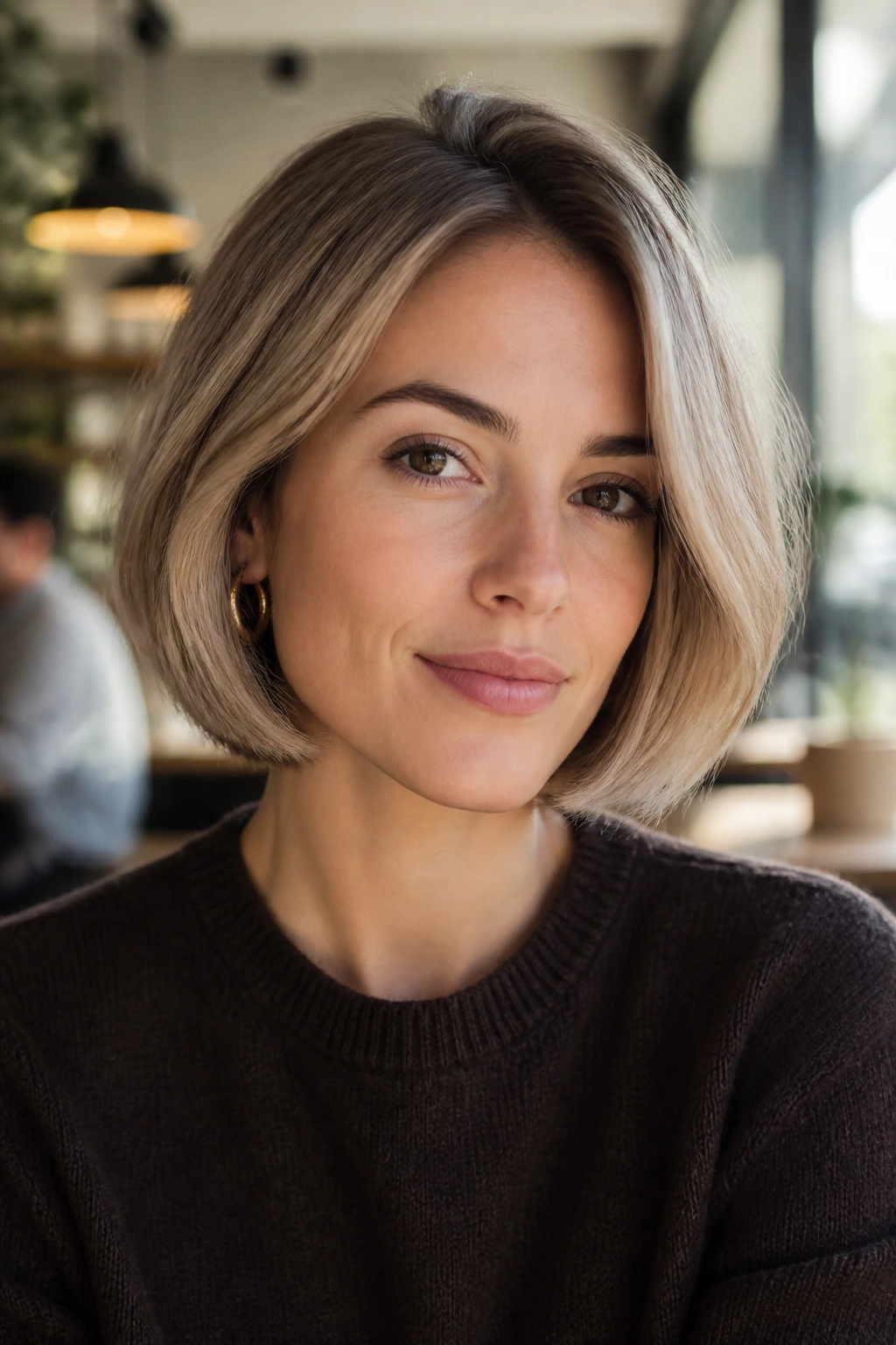 Real woman with almond blonde French bob in daylight at a cafe