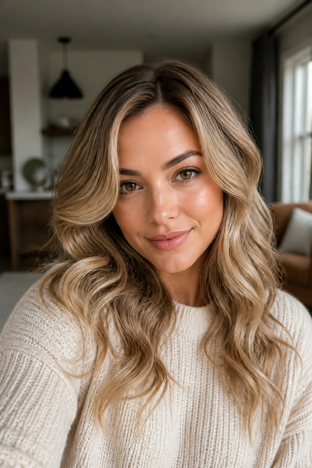 Close-up of a real woman with almond blonde soft curls in warm indoor light