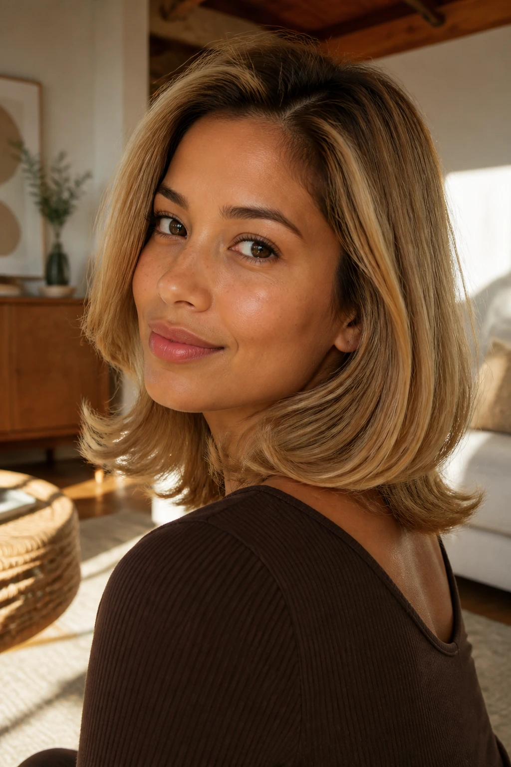 Close-up portrait of a real person with warm almond blonde flip ends
