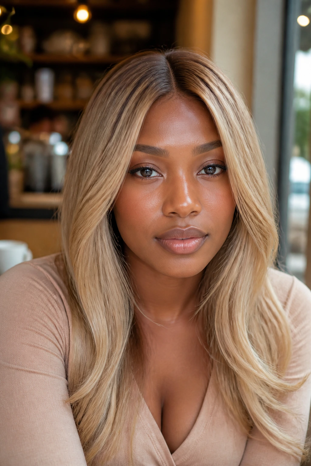 Close-up portrait of a real woman with almond blonde hair in cafe daylight