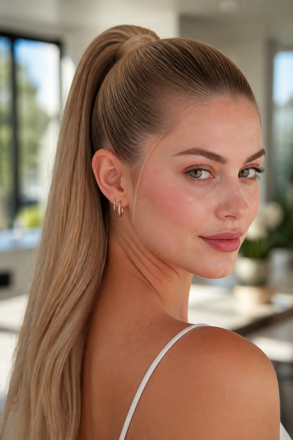Close-up of real woman with almond blonde sleek ponytail and pink undertone skin
