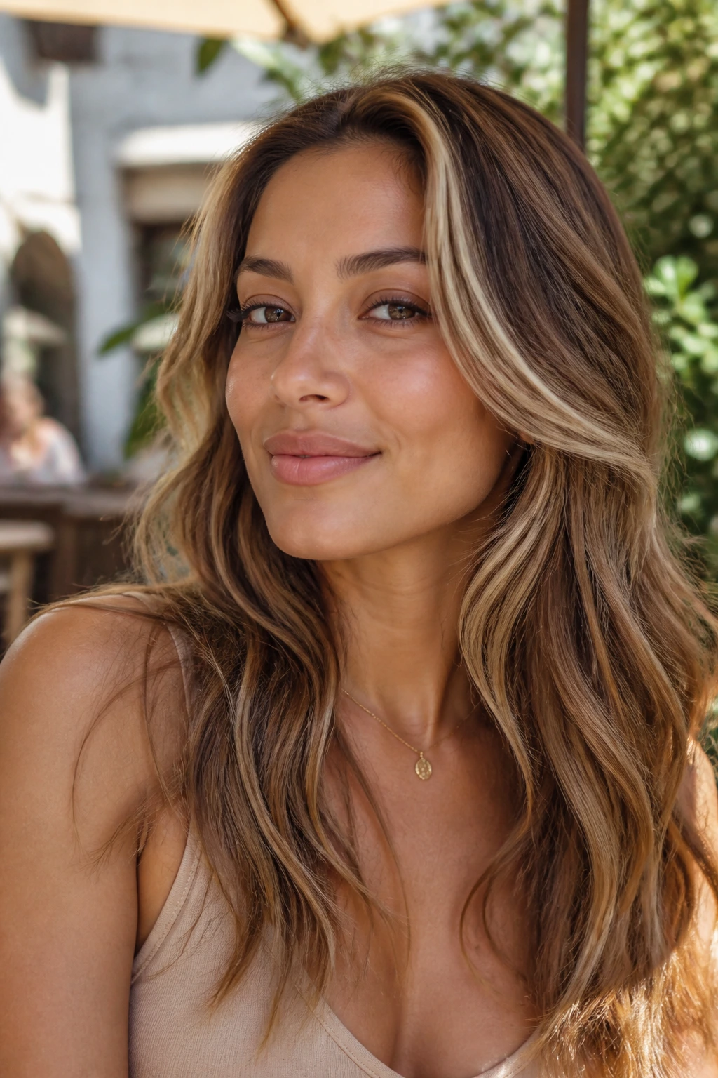 Close-up portrait of a real woman with almond bronde hair and olive skin in outdoor light