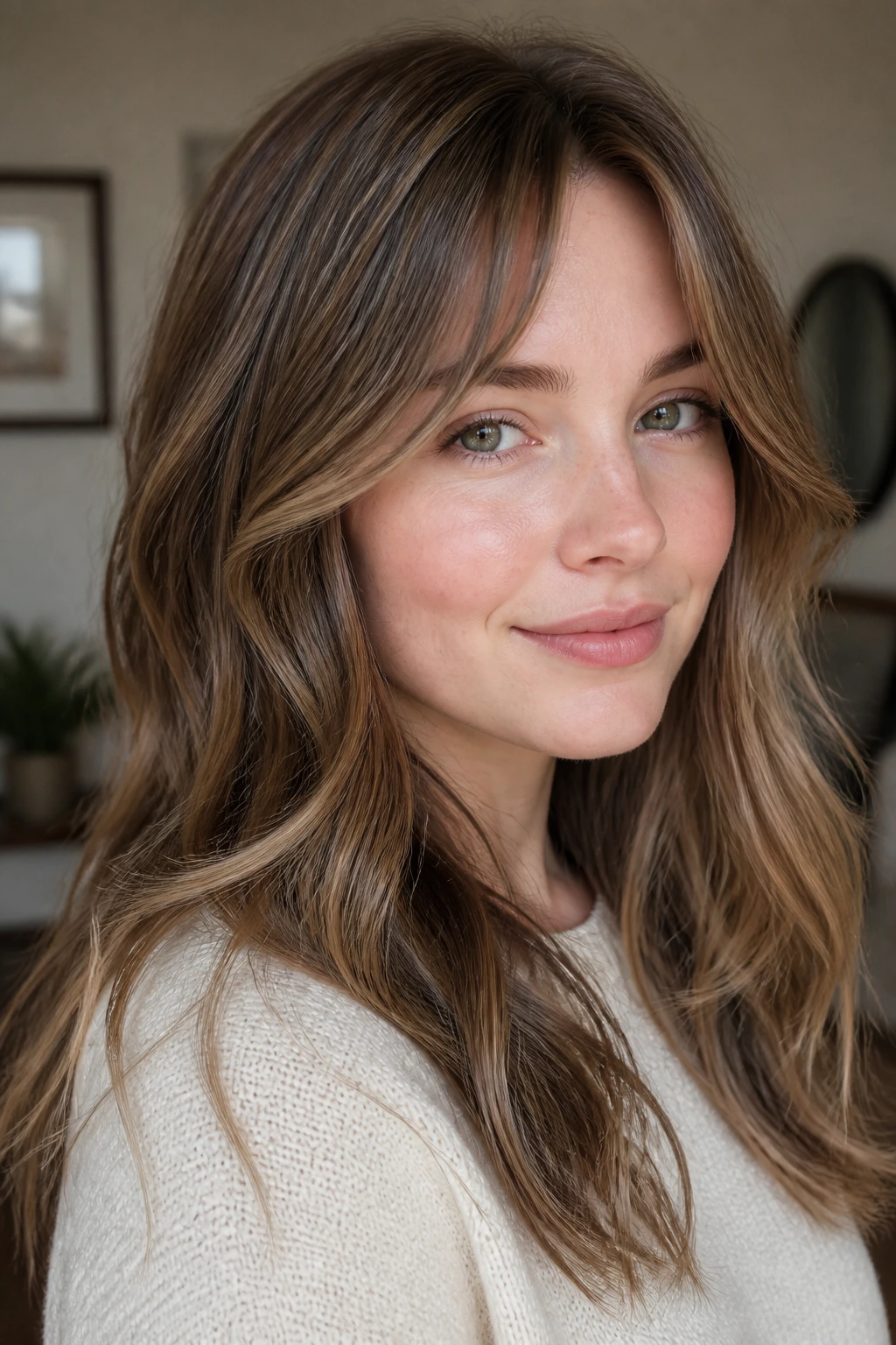 Close-up of almond brown hair with whisper-soft babylights around the hairline on pale skin