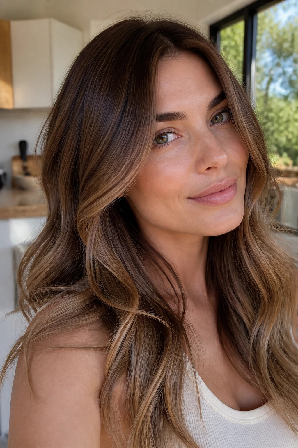 Close-up portrait of almond brown hair with a caramel veil on cool skin in a bright kitchen.