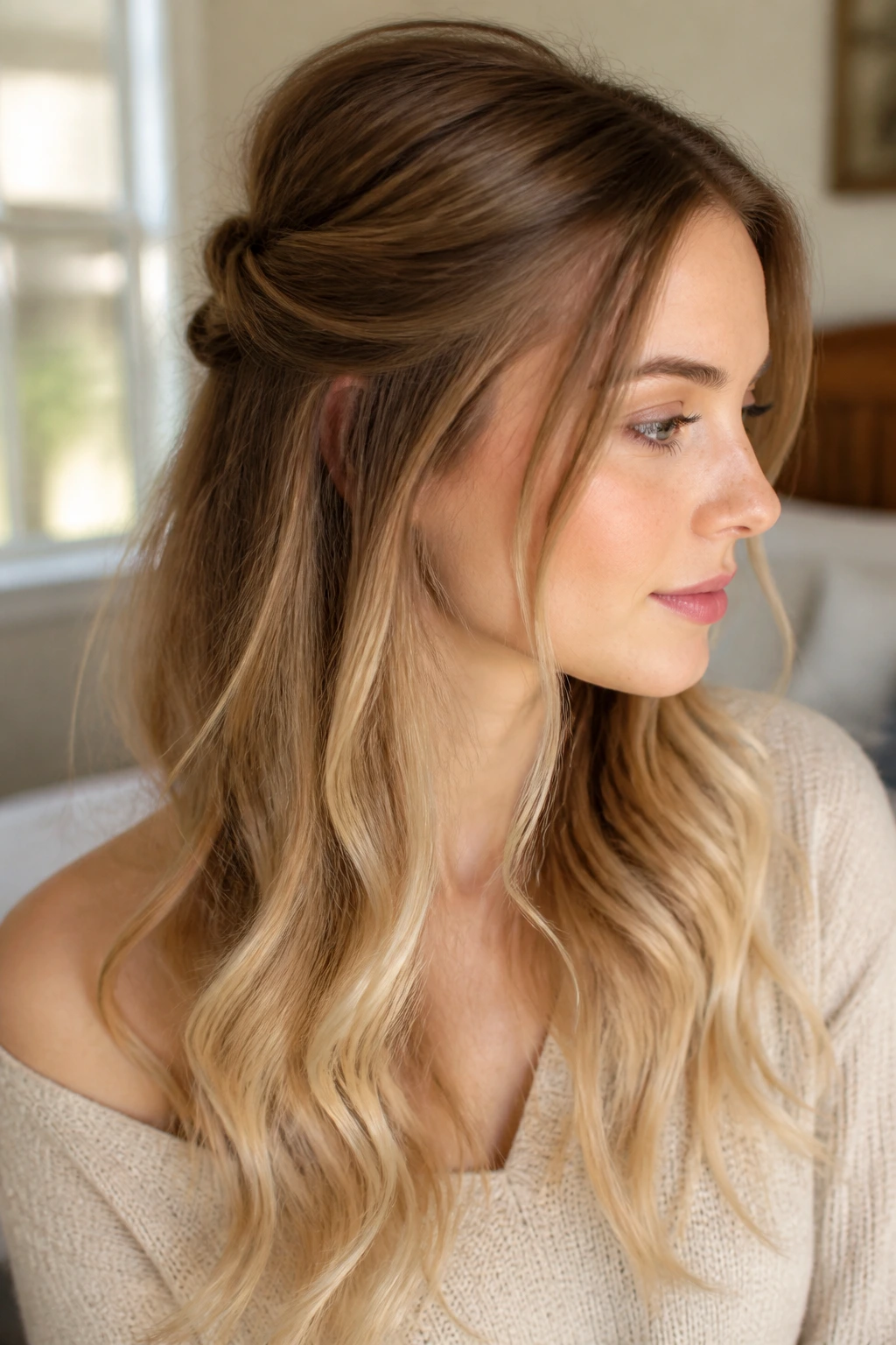 Close-up portrait of a real woman with almond brown hair and pale blonde ends in a half-up twist