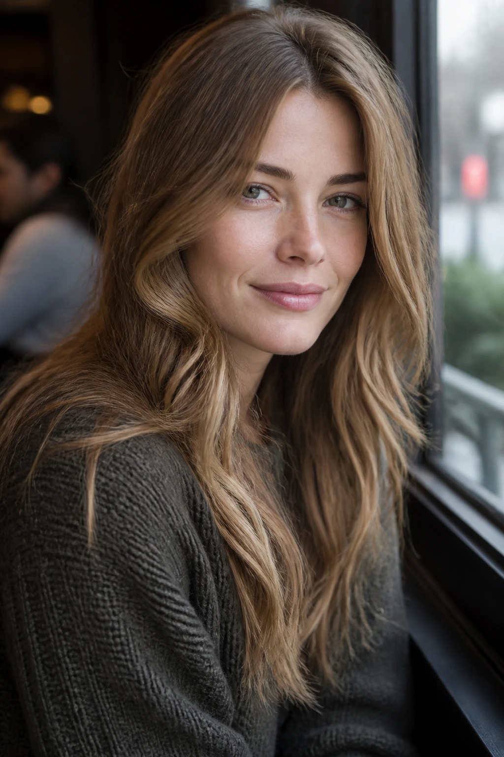 Close-up portrait of a woman with toasted almond brown hair in a cozy setting