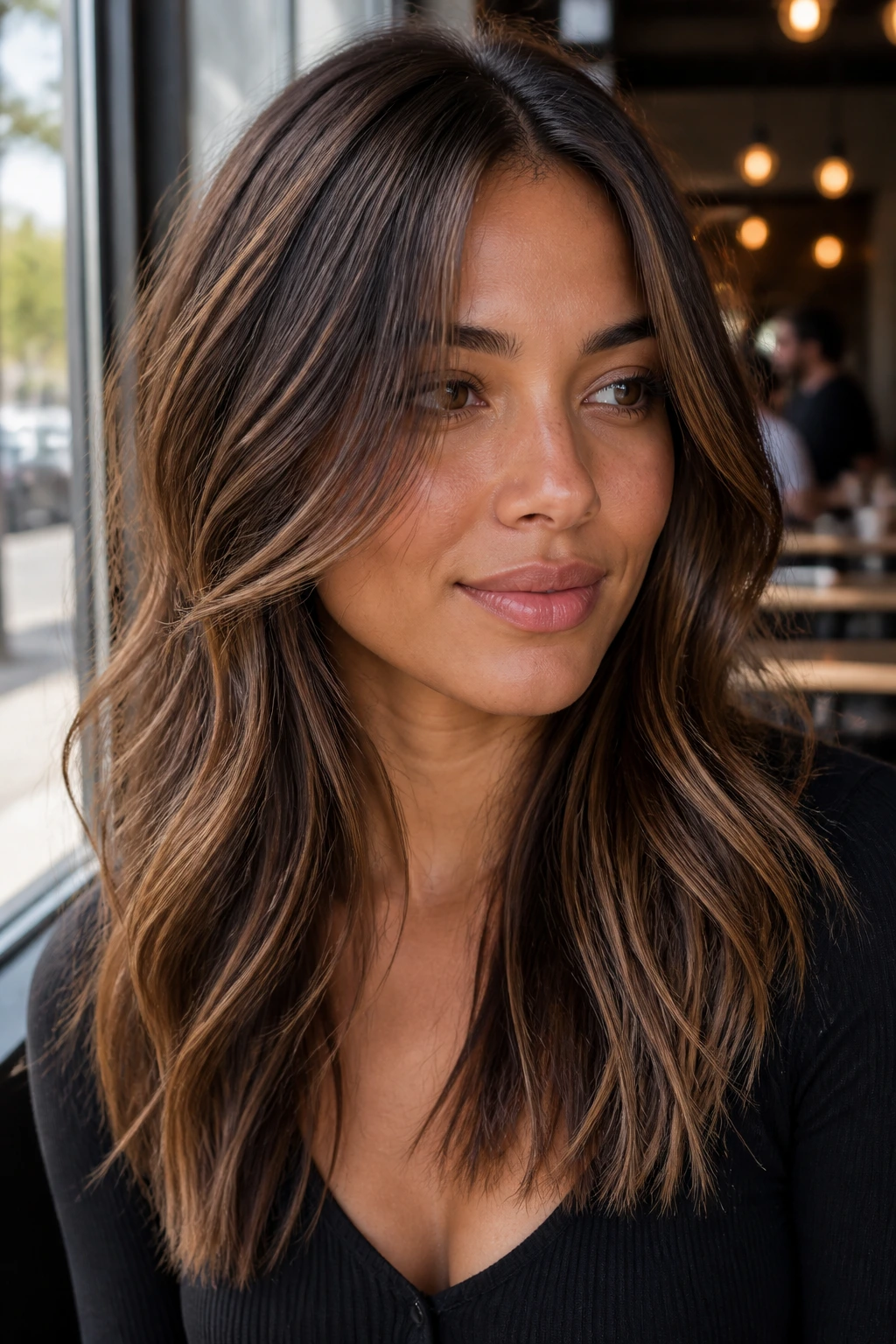 Close-up portrait with almond butter babylights on tan skin