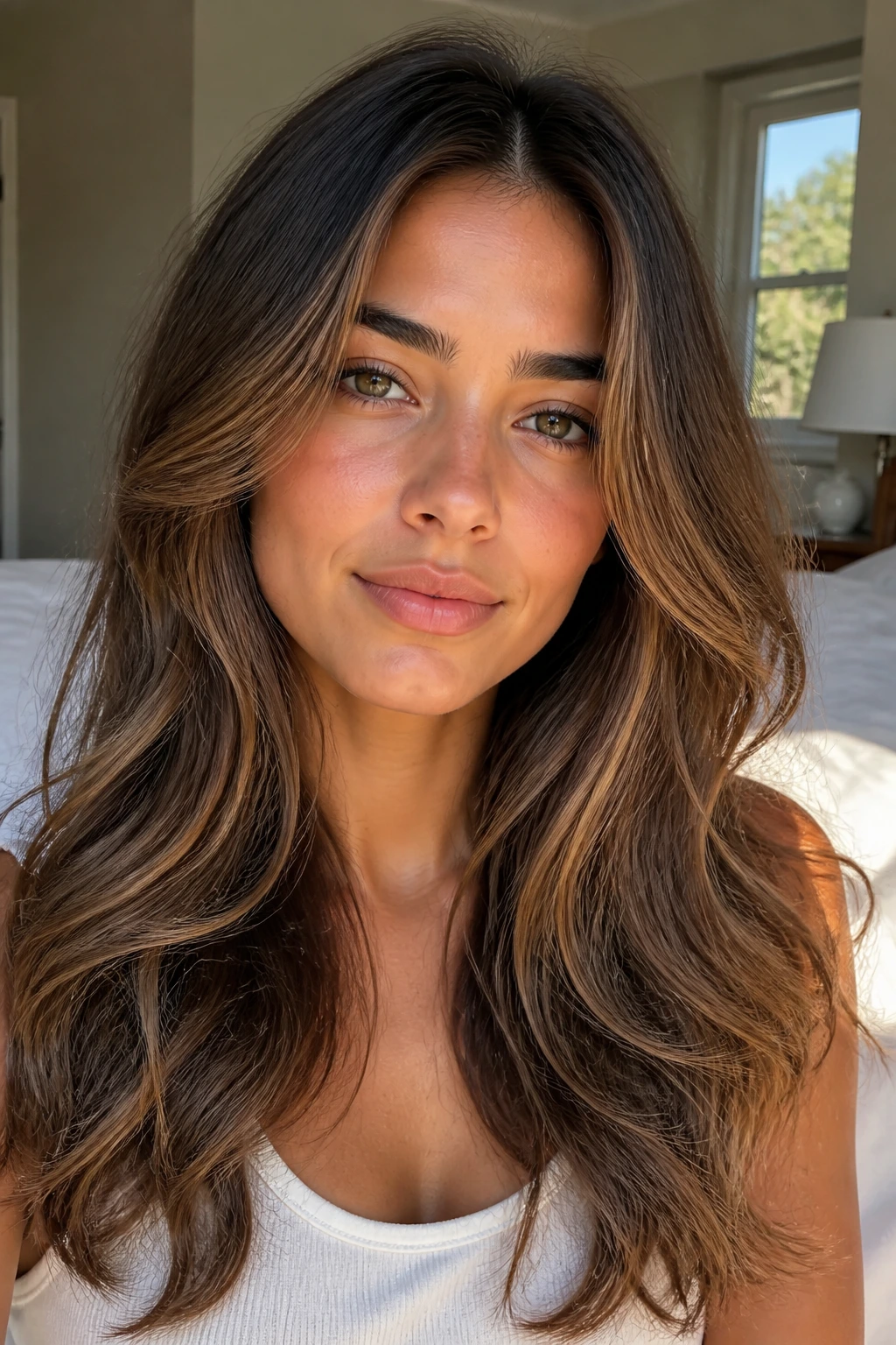 Close-up portrait of a woman with almond butter brunette hair brightening the face in natural light