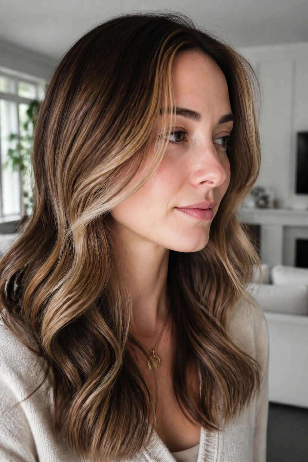 Close-up of Almond-Cocoa Contour hair with almond caramel front and cocoa back