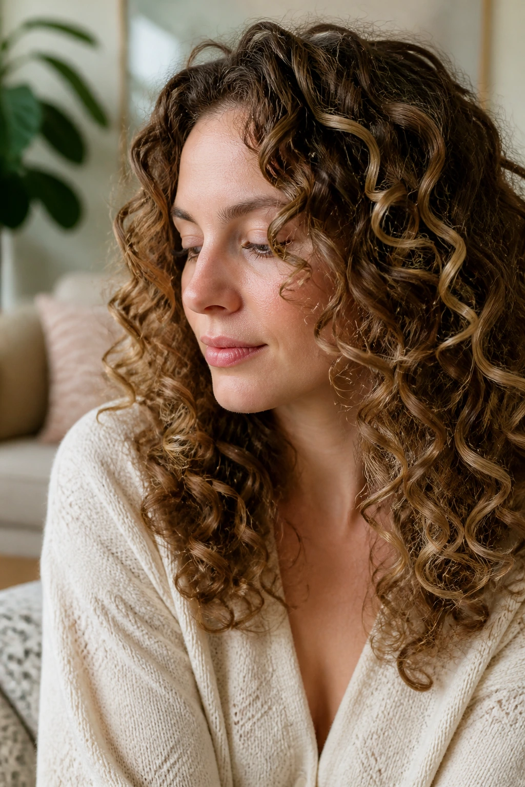 Close-up of curly hair with almond caramel highlights on a real person