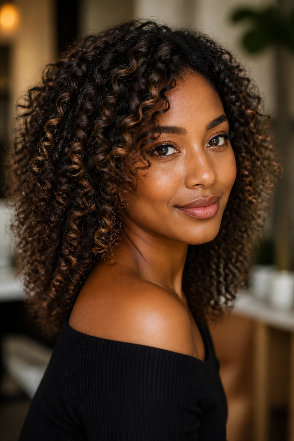 Close-up portrait of a real woman with almond caramel highlights on dark base hair.