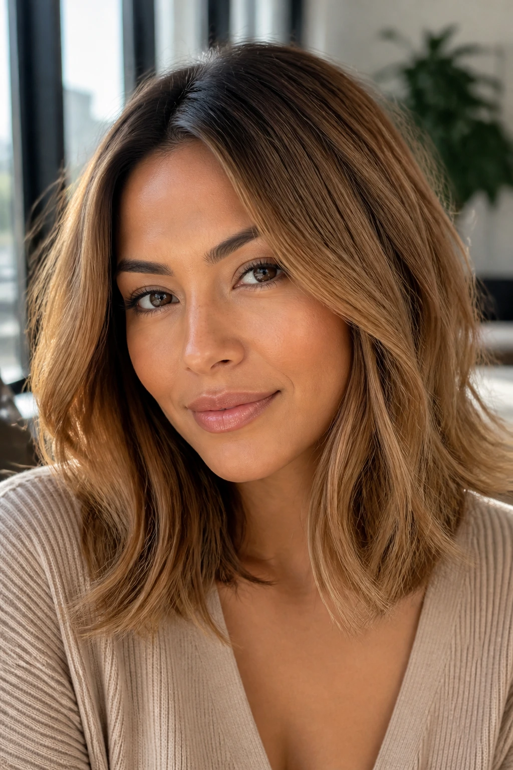 Close-up portrait of real person with almond caramel lob hair.