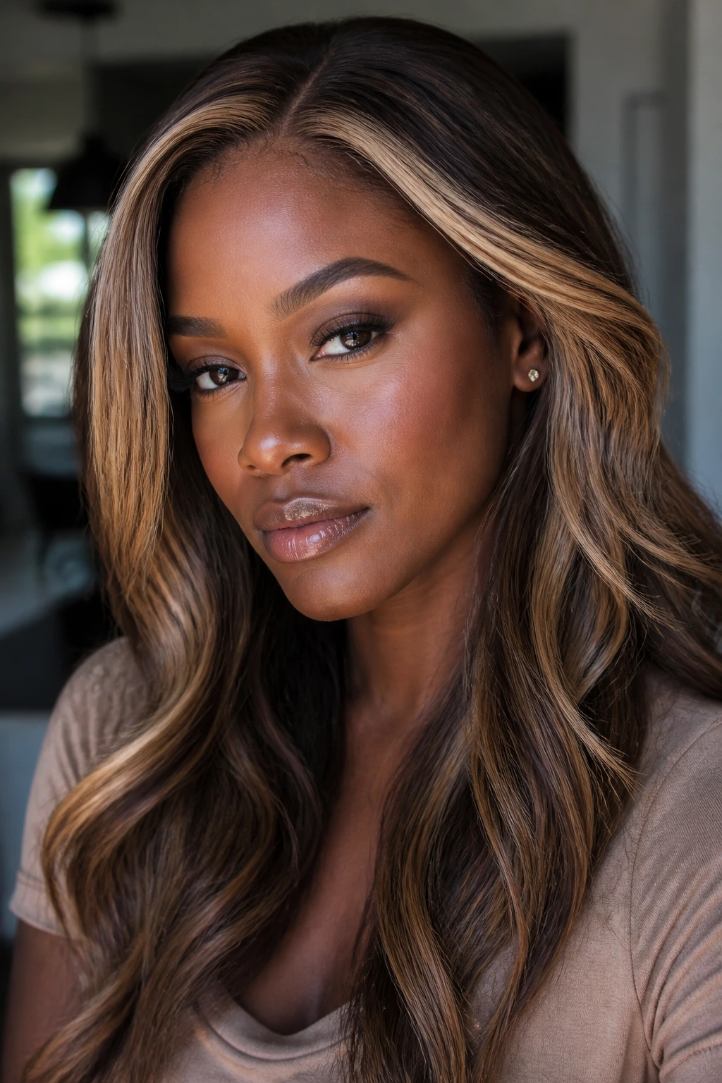 Deep-skinned person with sunlit almond contour highlighting hairline and cheeks