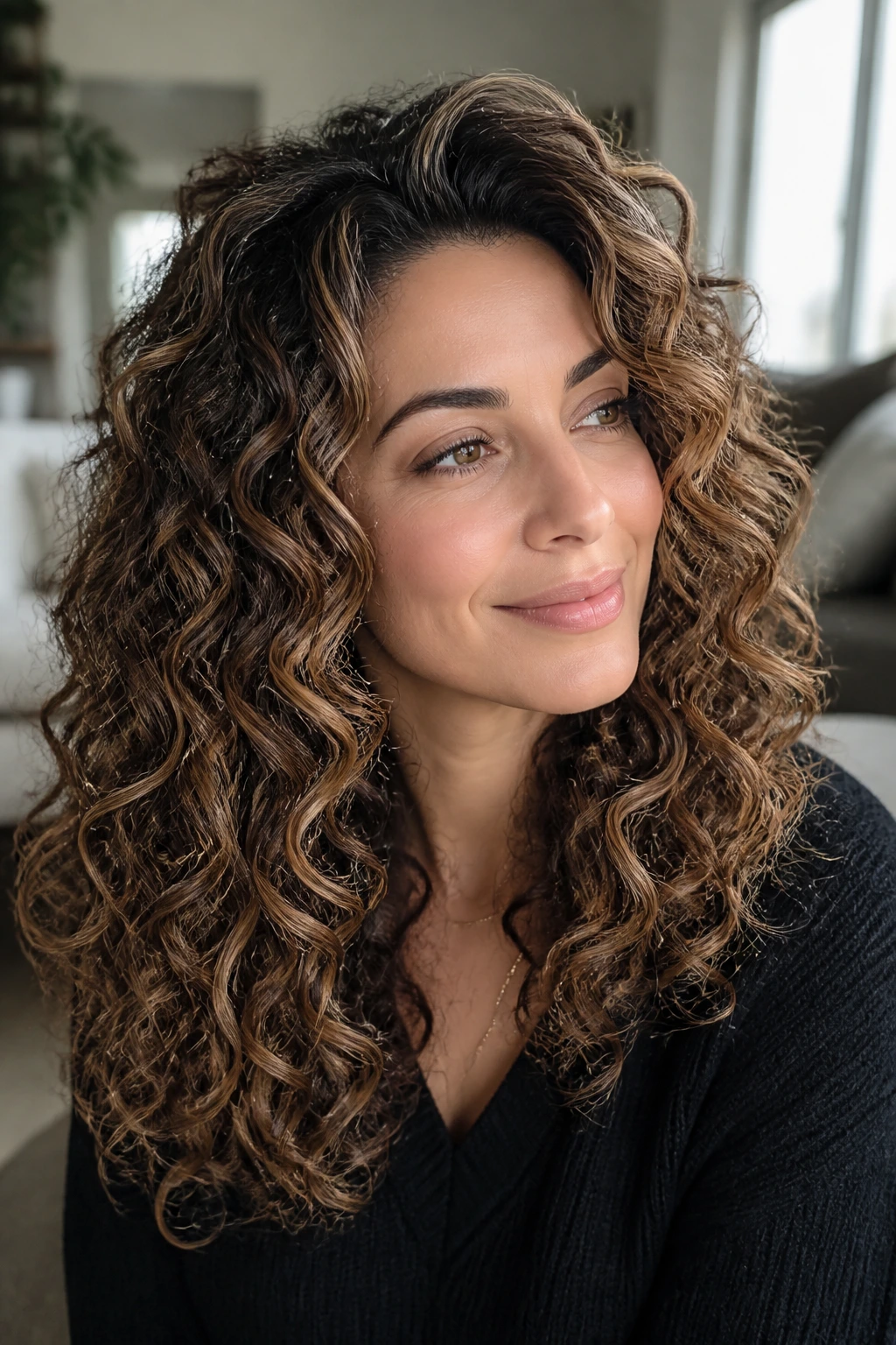 Close-up of almond cream highlights on brunette curls in a cozy living room light