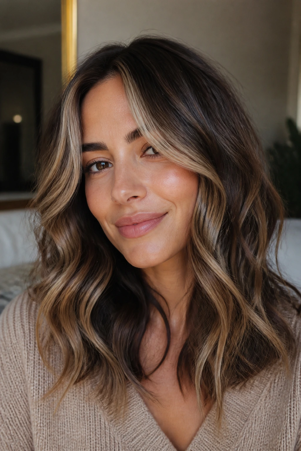 Close-up portrait of a real woman with brunette waves and almond cream highlights around the upper face