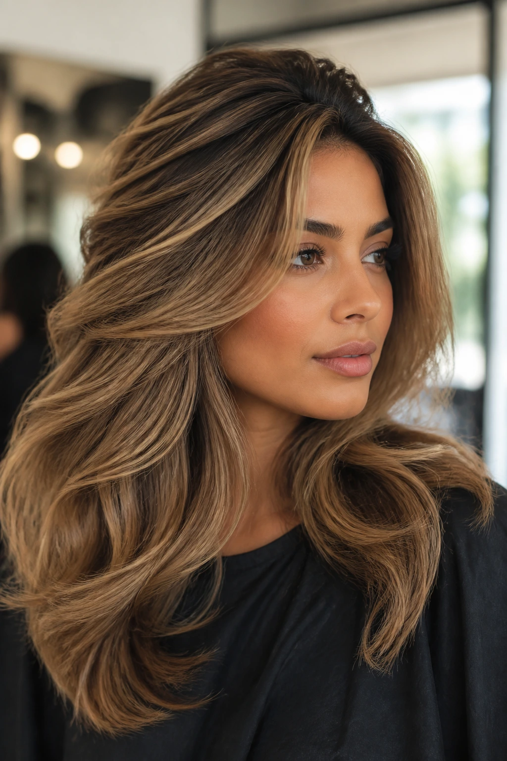 Close-up portrait of a real woman with almond foils in a voluminous blowout in a salon