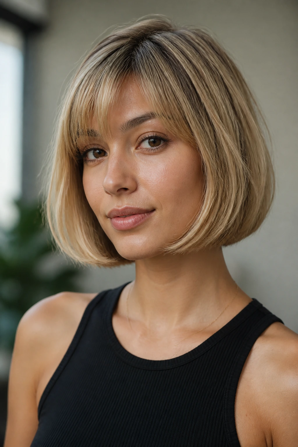 Real woman in almond French Bob hairstyle with almond blonde shade.