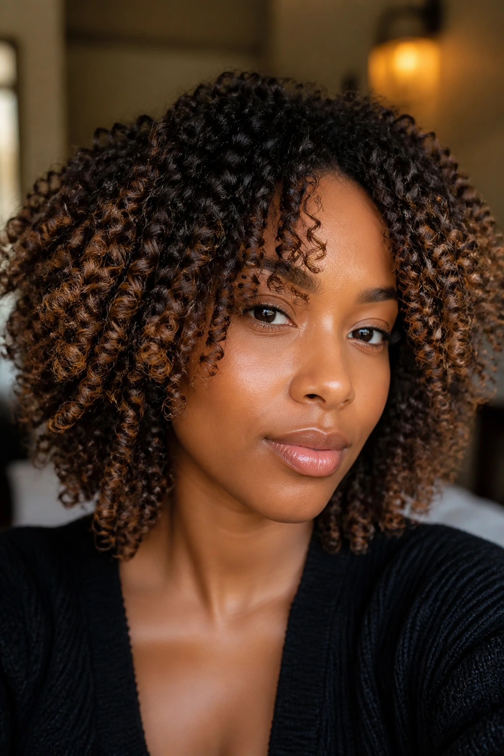 Close-up of coily hair with almond glaze on outer coils