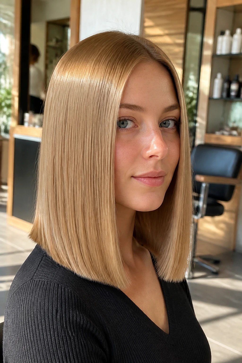 Close-up portrait of a real person with almond gold straight-cut hair