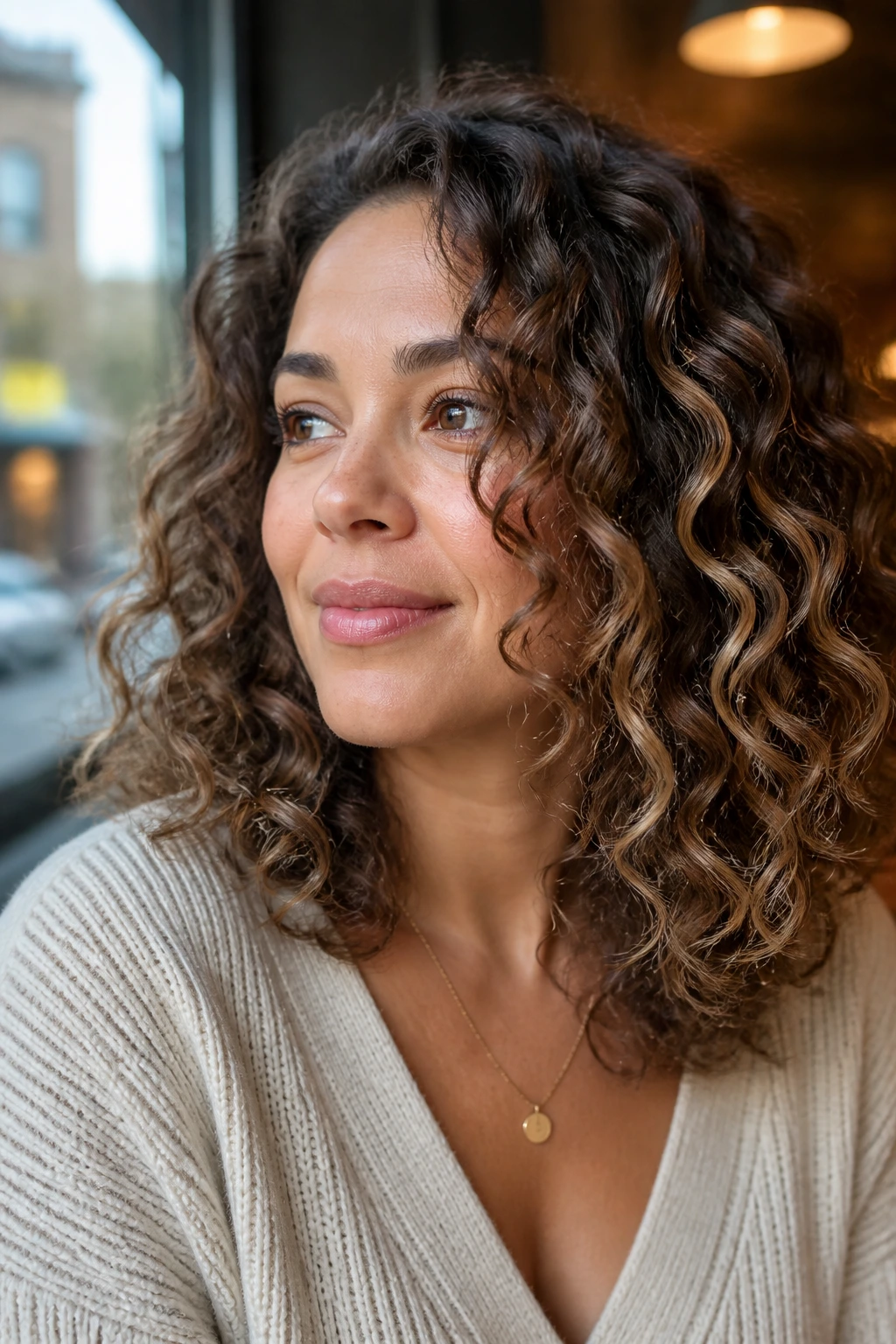 Close-up of shoulder-length curls with almond latte balayage and almond-beige ribbons in warm window light