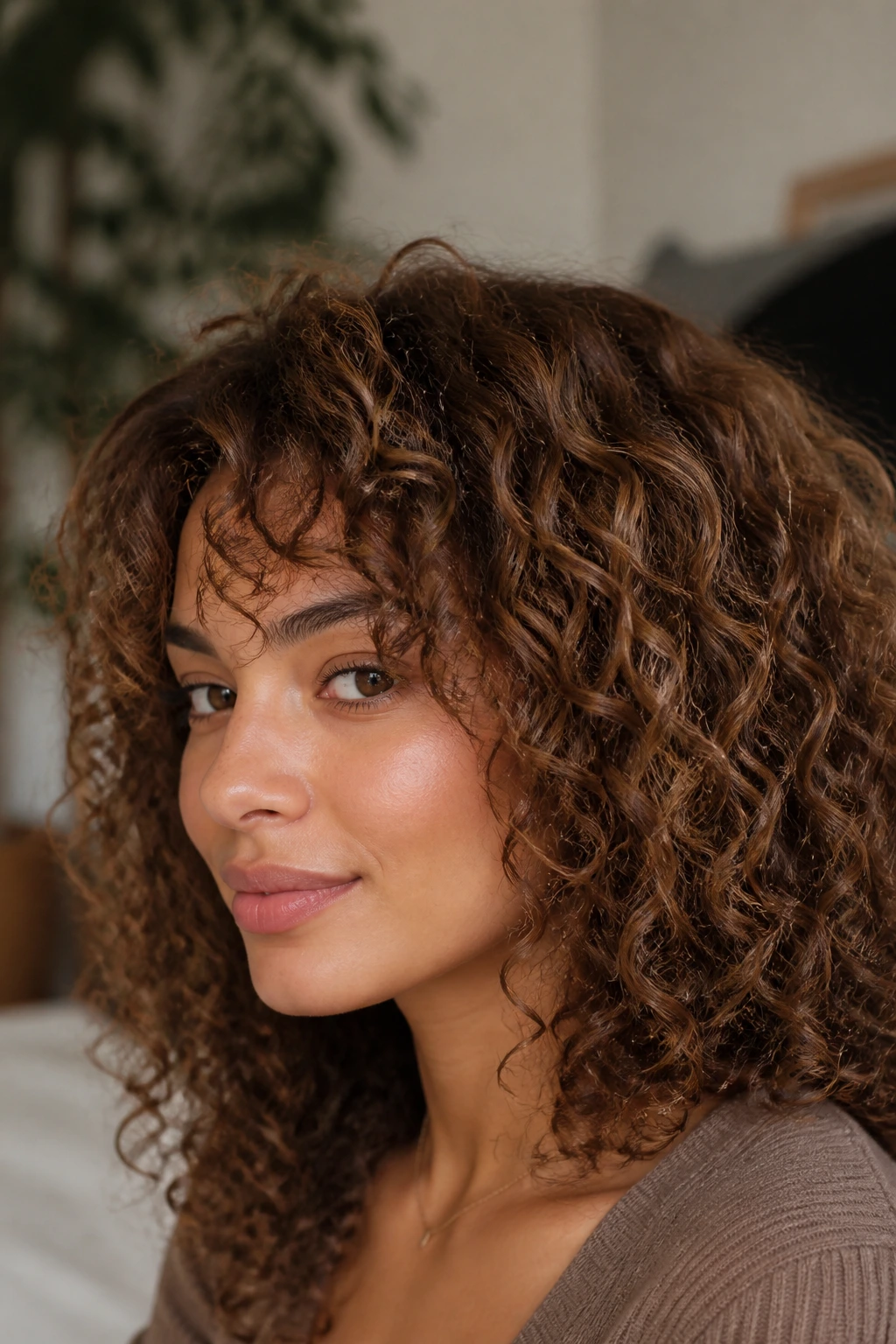 Close-up of a real person with fine curls and almond micro-lowlights