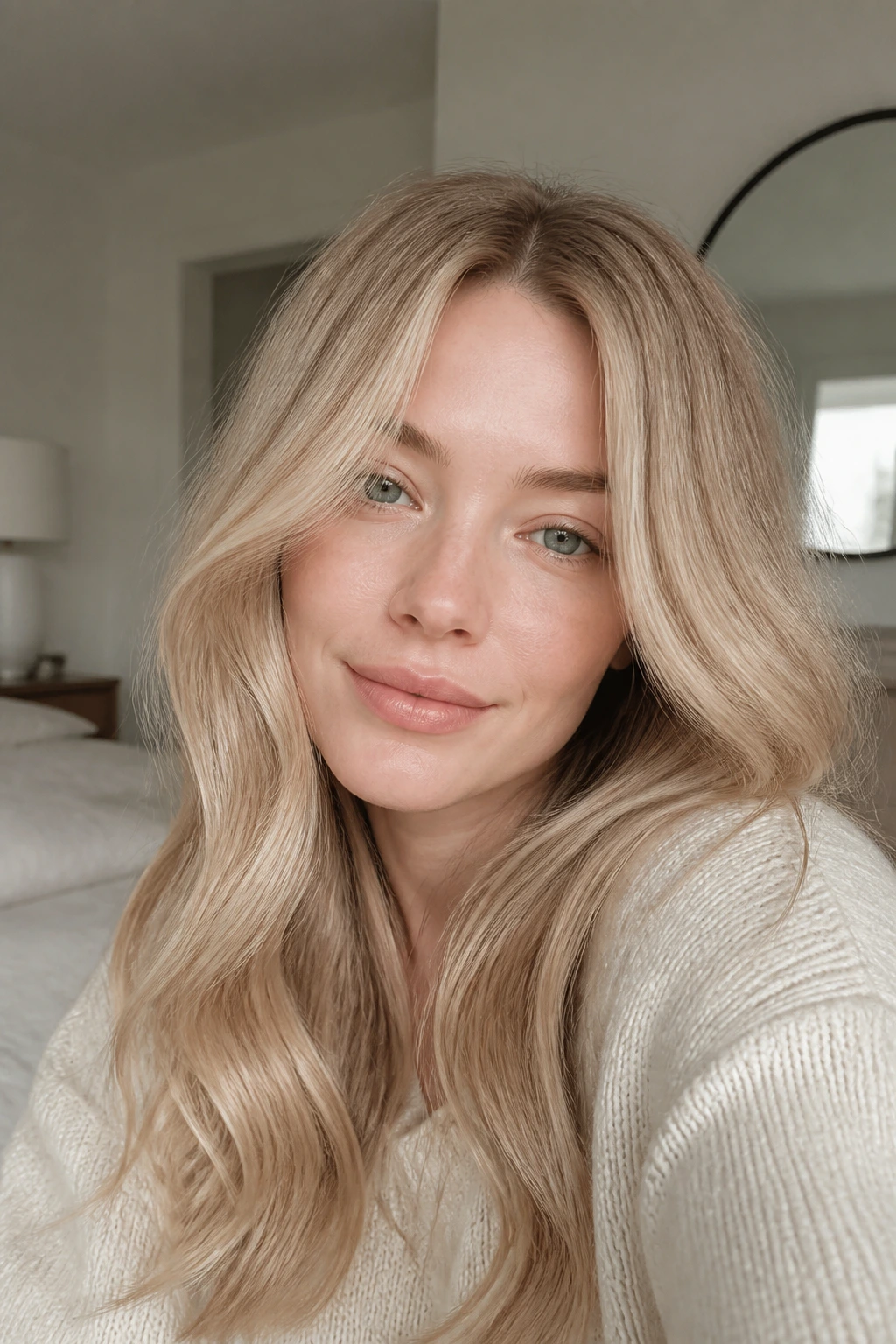 Close-up portrait of a woman with almond milk blonde hair in soft light