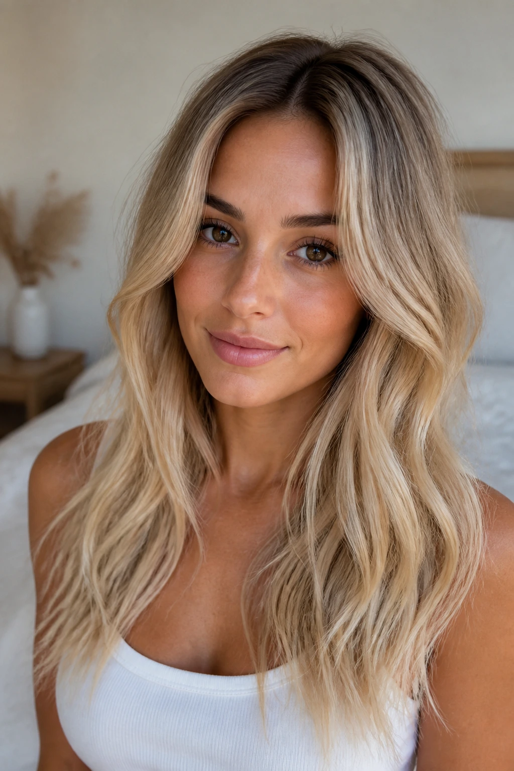 Real woman with almond milk blonde and root shadow in soft natural light