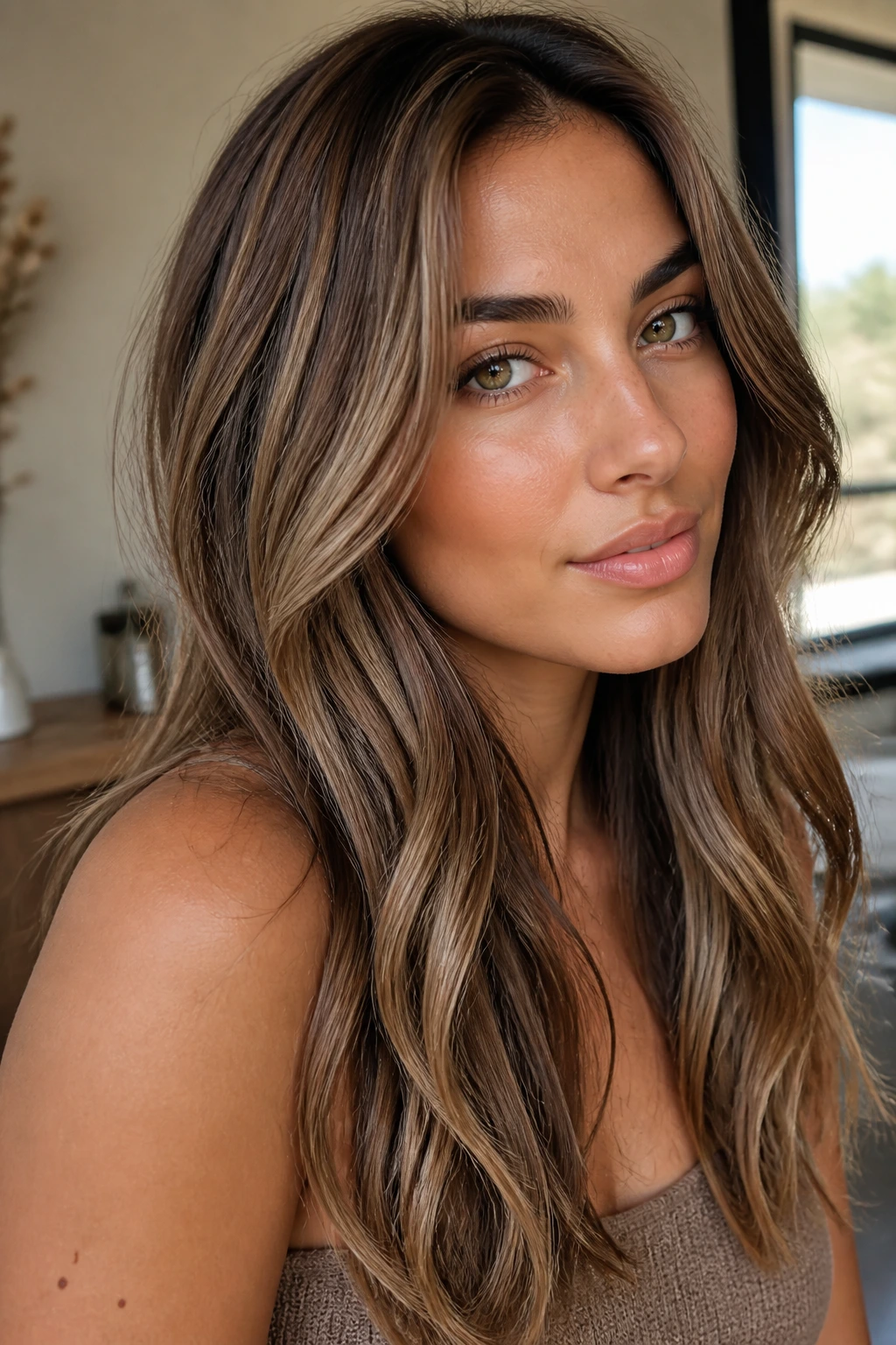 Real woman with almond milk brunette tones catching light softly