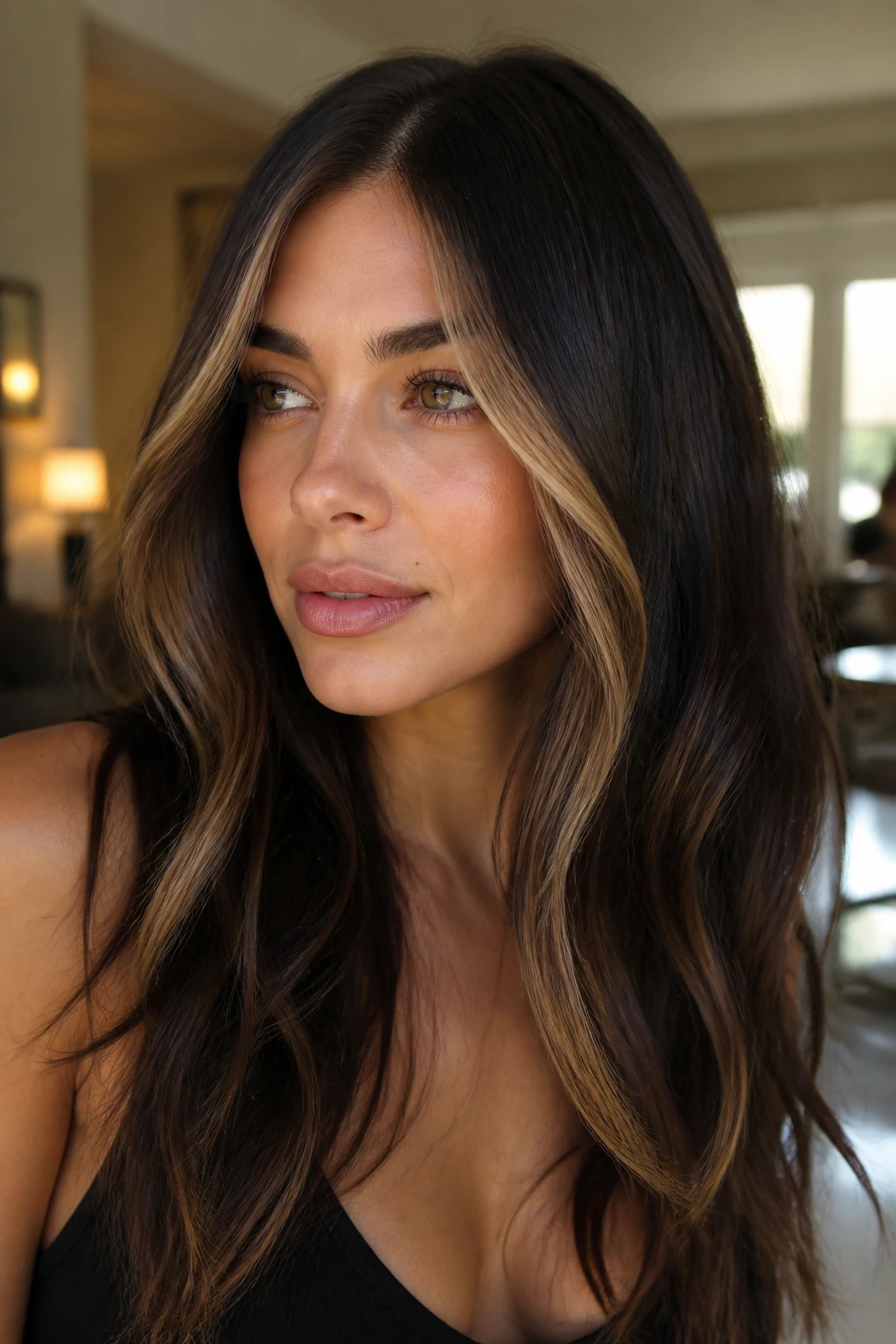 Face-framing almond money pieces on deep brunette hair