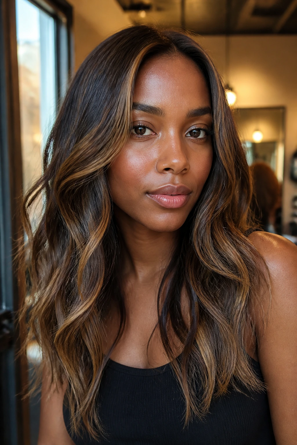 Close-up portrait of a real woman with almond-toffee babylights in brunette hair, window light.