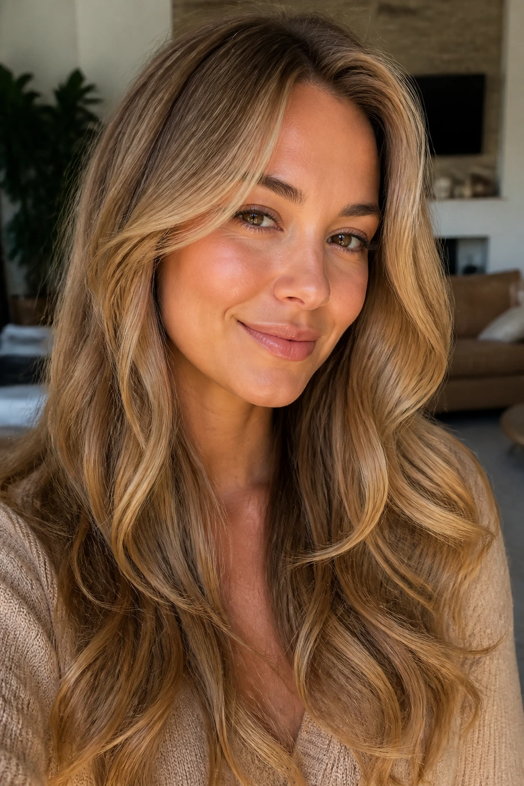 Close-up of a woman with almond toffee blonde hair in warm living room light.