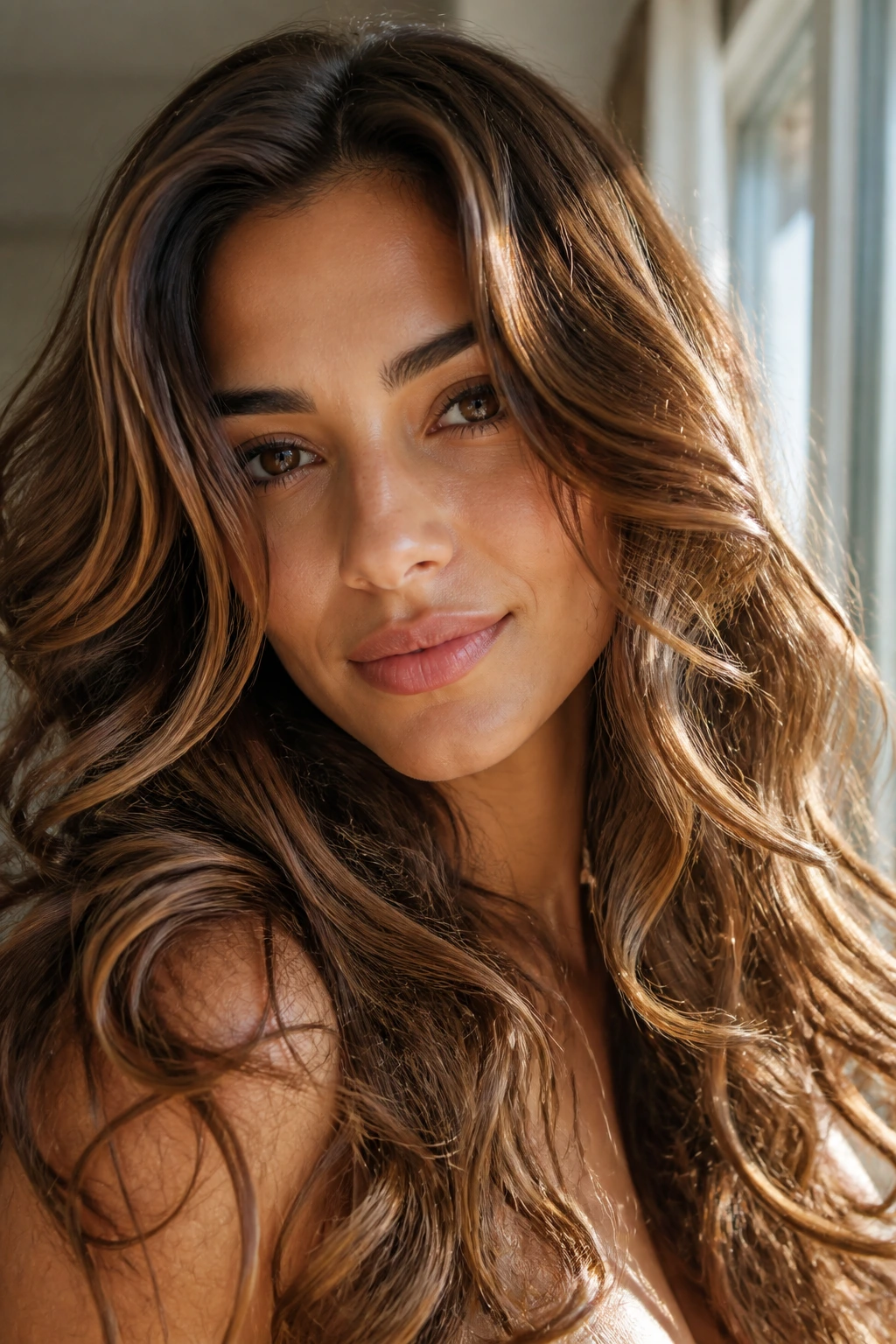 Close-up of a woman with almond-toned long curls on olive skin in sunny window light