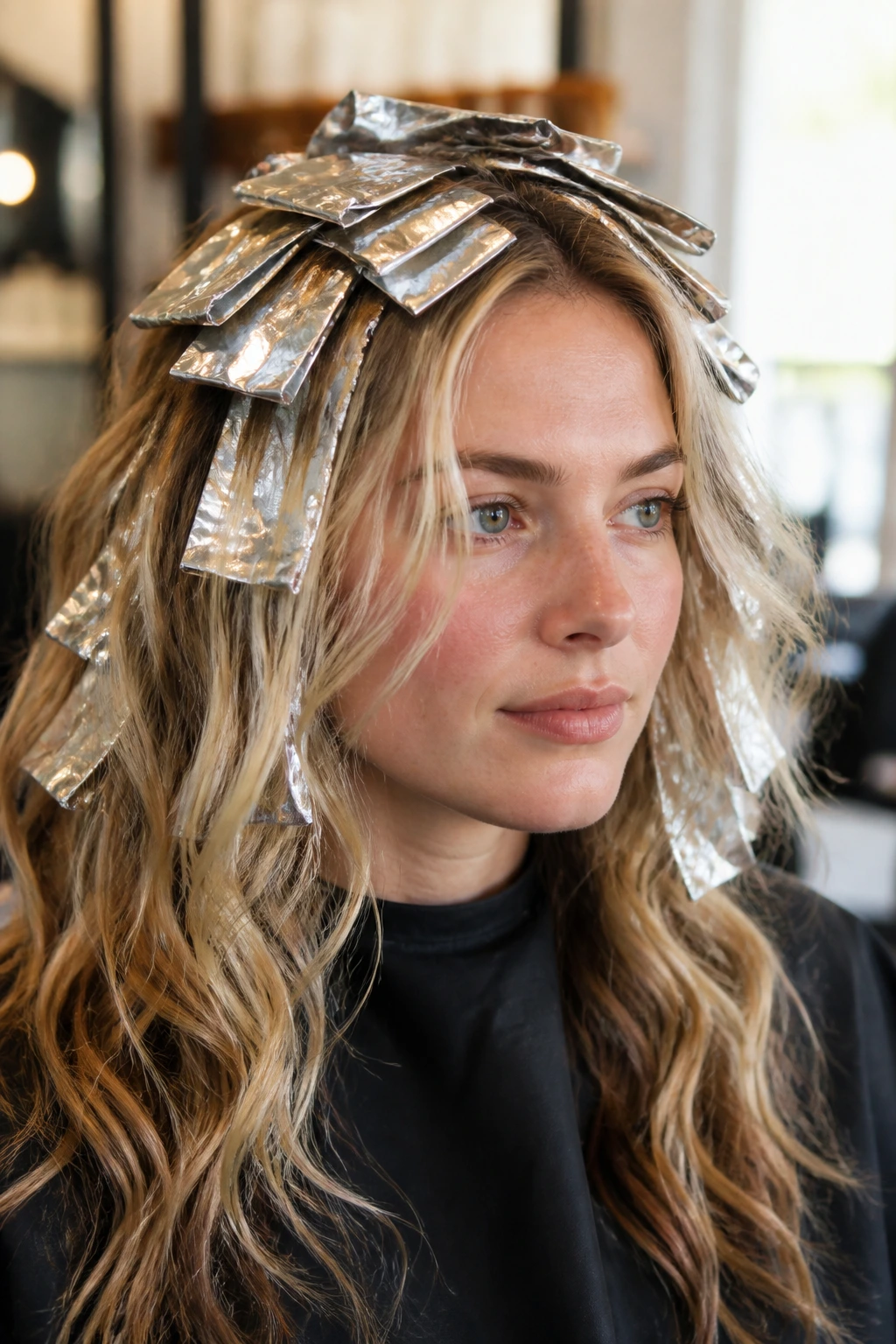 Close-up of hair with alternating foil sizes around the face on a real person