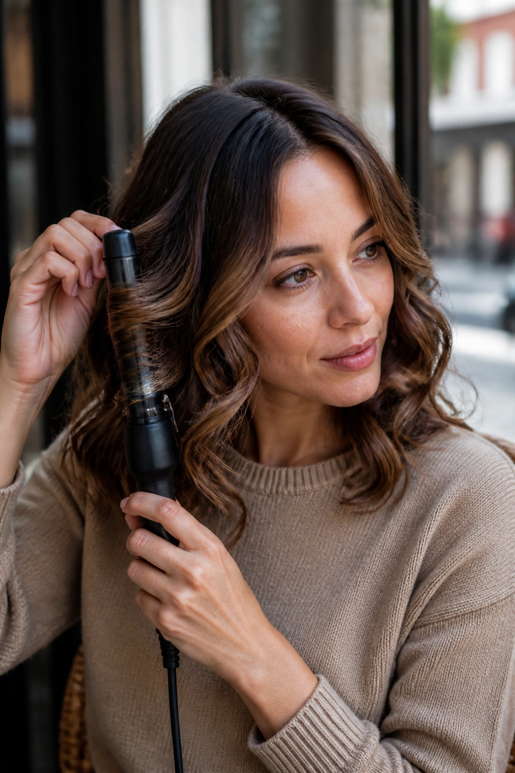 Close-up of a real woman with loose alternating barrel curls in daylight