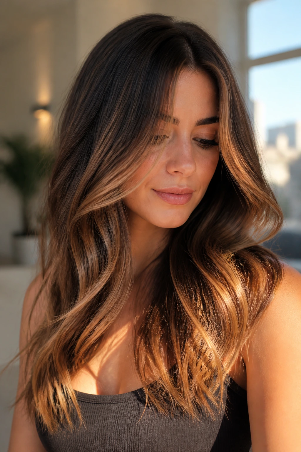 Close-up of brunette with amber veil balayage catching light
