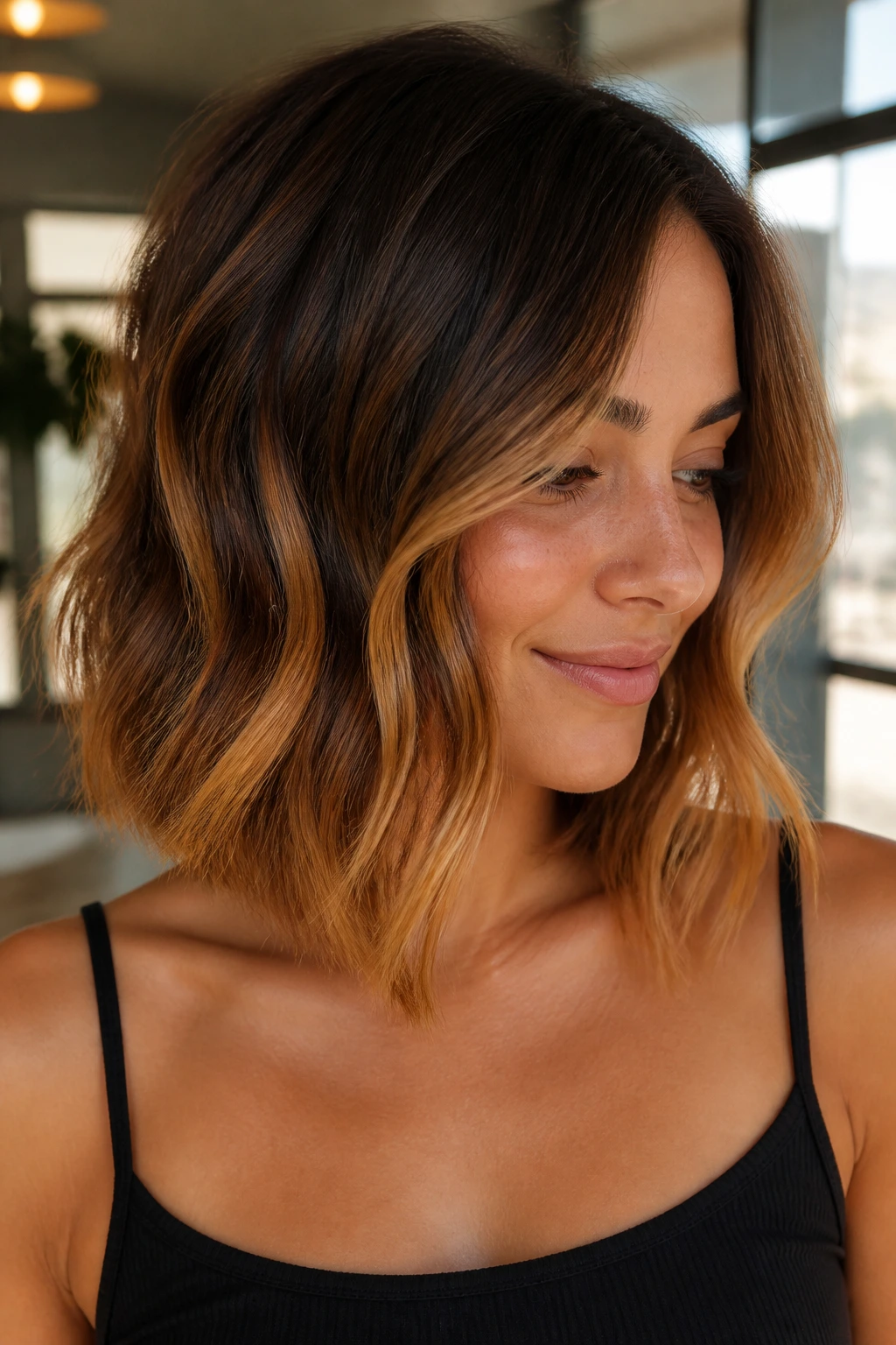 Portrait of a real woman with amber balayage on a collarbone-length lob