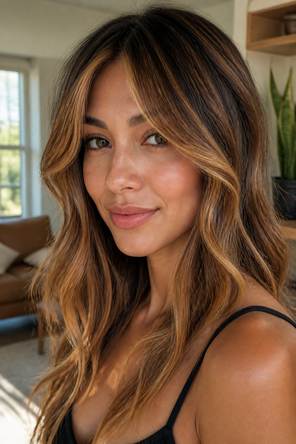 Portrait of a woman with amber balayage and curtain bangs in soft waves.