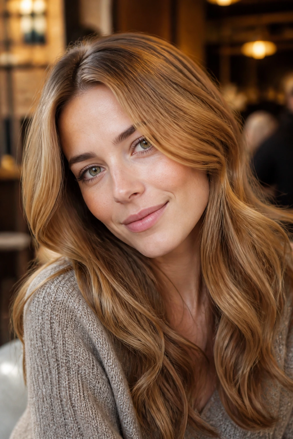 Portrait of a real woman with amber-beige gold hair shine